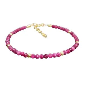 RRJEWELZ Ruby Round Beaded Bracelet – Faceted 3mm Red Stones with Gold Lock – 7 Inch Adjustable link Bracelet for Men & Women|LCBR_RR_05970