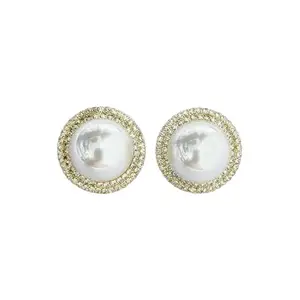 Fashion Jewellery Latest Stylish 25mm Pearl and Stone Stud Earrings for Women andd Girls (Golden)