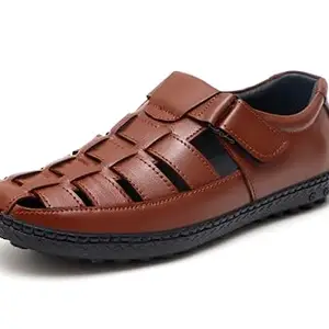 ARAMISH Genuine Leather Latest Fisherman Sandals For Men, Suitable for All Occasion, Casual Wear, Lightweight, Anti Slip Sole, Breathable, Ankle Strap, Hook & Loop - Tan, 9UK (NCF-306)