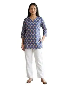 JIVAS COLLECTIVES Women’s Pure Katha Cotton & Cotton Floral Print Kurti | Short Tunic Top for Women | Round V-Neck 3/4 Sleeve Ethnic Kurti for Daily & Casual Wear