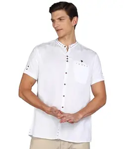 Kuons Avenue Men's Pristine White Mandarin Collar Linen Cotton Party Casual Shirt | Indowestern Shirt for Men(KACLHS1182A-M_ Pristine White_Medium)