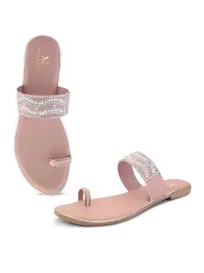 XE Looks Lavender Embellished Ethnic Flats with Broad Strap & Toe Ring Design For Girl & Women