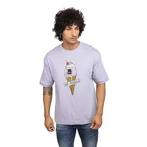 ZU Mens 100% Cotton Printed Half Sleeves Oversized Round Neck Drop Shoulder, Relaxed Fit T-Shirt Lavender