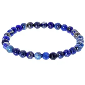 RRJEWELZ Natural Lapis Lazuli Round Shape Smooth Cut 6mm Beads 7.5 inch Stretchable Bracelet for Healing, Meditation, Prosperity, Good Luck | STBR_04771
