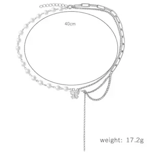 IStyleRight Lustrous Pearl Wing Necklace, 40cm Layered Silver Chain Choker, Butterfly Pendant, 17.2g
