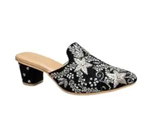 EZZIAUTO Women's Embroidered Mule Heels, Handmade Beaded Slip-On Sandals with Block Heel, Cushioned Insole, Non-Slip Sole for Wedding, Party