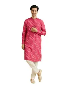 Manyavar Men's Satin Leheriya Print Kurta Pyjama Set (Rani,XXXL)