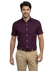 MILDIN Men's Cotton Blend Solid Shirt with Spread Collared Half Sleeve Curved Hemline Button Closure Regular Fit and One Pocket | Half Sleeve Shirt for Men