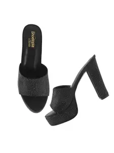 Shoetopia Embellished Black Block Heels For Women