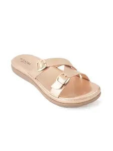 scentra fashion Stylish & Comfortable Women's Flat Sandals – Ideal for Daily, Work, and Casual Wear, with Chic Buckle Detailing (Gold, UK Footwear Size System, Adult, Women, Numeric, Medium, 9)