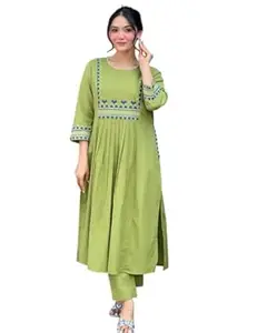 BharatCartX Women's Rayon Embroidered A-Line Kurti with Pant Set