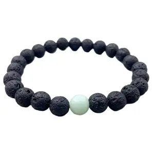 RRJEWELZ Natural Black Lava & Amazonite 8mm Round Shape Smooth Cut Beads 6.5 Inch Stretchable Bracelet For Men & Women. Unisex Bracelet For Healing, Meditation, Prosperity, Gift & Luck|STBR_RR_10671_6.5