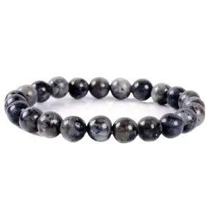RRJEWELZ Natural Larvikite Round Shape Smooth Cut 8mm Beads 7.5 inch Stretchable Bracelet for Healing, Meditation, Prosperity, Good Luck | STBR_04956