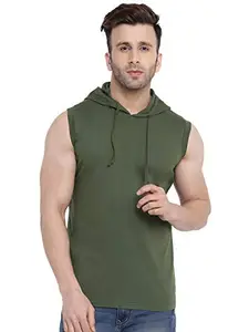 GRITSTONES Men's Olive Green Sleeveless Hooded Tshirt-GSHDTSHT1165OGRN_L