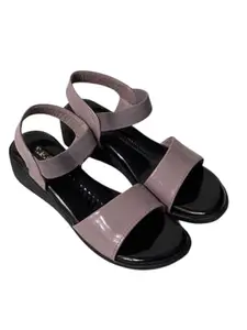 Women's Elastic Strap Sandals, Gold, Grey & Pink Band, Black Patent Platform, Comfort Wedge Heel (Pink, UK Footwear Size System, Adult, Women, Numeric, Medium, 8)