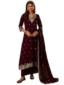Naixa Women's Vichitra Silk Embroidered A-Line Kurta with Pant and Dupatta Sets (NX-845)