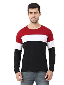 FLEXIMAA Men's Cotton Round Neck Color Block Full Sleeve MaroonWhiteBlack Color T-Shirt S Size