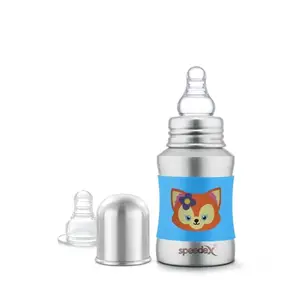 Speedex Stainless Steel Baby Feeding Bottle with Internal ML Marking, Foxy Printed Silicon Grip (140 ml, Blue Color, Silver Metal Mirror Finish) (1 Extra Nipple Free)