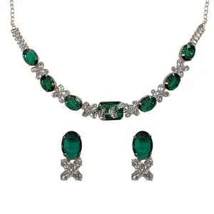 ACCESSHER American Diamond Necklace Set with Oval Stones and Floral Accents, Silver Plated, Necklace With Matching Earrings Set For Women And Girls, For Casual And Everyday Wear (Dark Green)