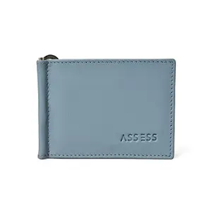 ASSESS Anti-Theft Genuine Leather RFID Protected & Minimalist Money Clip Slim Unisex Bifold Wallet with Card Holder Slots for Men & Women with Gift Box Colour- Sky Blue