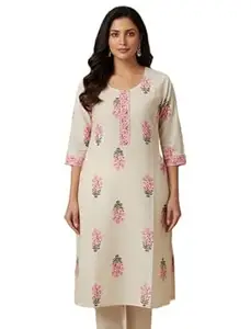Kalaanj Women's Floral Printed Straight Fit Long Kurti |Comfortable Cotton Kurta | Everday Wear Casual Summer Kurtis