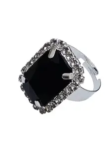 Black Statement Cocktail Ring with Crystal Halo, Adjustable Size, Traditional Vintage Style