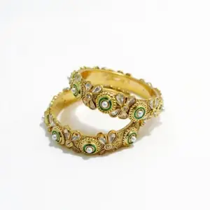 Traditional Gold-Plated Bangles for Women | Floral Design with Pearl & Green Stone Detailing | Ethnic Wear Jewelry Set of 2 (2.4)