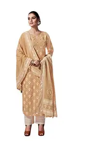DS FABRICS STORES Women's Pure Cotton Printed and Embroidered Hand Work Dress Material with Dupatta (Light Mustard, Free Size)