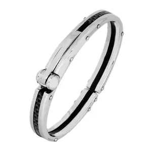 STYLE KRAFT-Jewellery Stainless Steel Mat Black Men's Mechanic Cuff Bracelet Oval Super Fit Macho Kada Bracelet for Boys Mens Openable Free Size Silver Matte Glossy Bracelet Boys