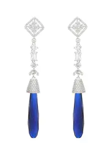 SARAF RS JEWELLERY White Plated Blue AD Studded Drop statement Earrings