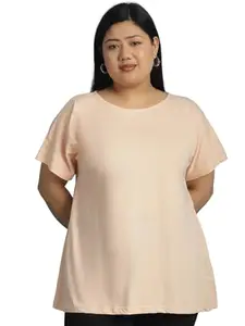 theRebelinme Plus Size Women's Light Peach Solid Color Cotton Knitted Kimono Sleeve T-Shirt-(XXL)