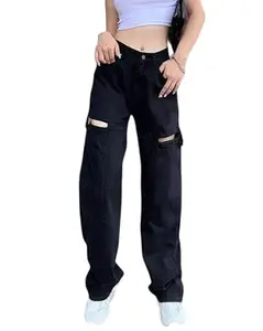 Women’s Black Denim Jeans with Knee Cut – Relaxed Fit, High Waist Size 26 to 34