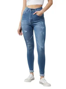 Dolce Crudo Women's Skinny High Rise Mild Distress Regular Stretchable Denim Jeans (DOSS24DEN96-97-115-34, Blue, 34)