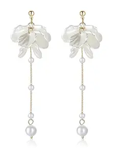 Yellow Chimes Earrings for Women and Girls Pearl Dangler | Gold Toned White Petals Pearl Drop Designed Long Danglers Earrings | Birthday Gift for girls and women Anniversary Gift for Wife