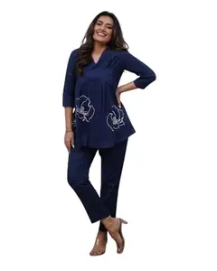SRI SATYA Krishna Enterprise Women's Cotton Embroidered Co-ord Set 2 Piece Top Bottom Set (Navy Blue-L)