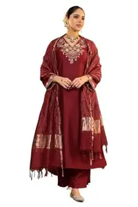 Klosia Women Embroidery Solid Straight Kurta and Pant Set with Dupatta