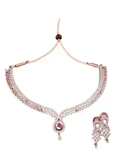 Nirmala Fashion American Diamond Necklace Set with Ruby Stones, Elegant Drop Pendant Design, Matching Earrings, Rose Gold Plated