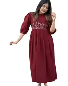 Women's Embroidered Dress, 3/4 Sleeve, Floral Detail, A-Line Silhouette