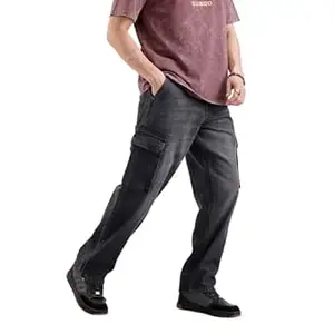 WROGN Men's 100% Cotton Twill Cargo Jeans | Washed Pattern | Loose Fit