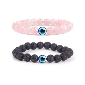 Hot And Bold Natural Stone Bead Evil Eye Couple Combo Bracelet Set with Certificate - Embrace Harmony, Protection, and Positive Energy Together (Rose Quartz & Lava Stone)