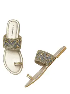 Marc Loire Women's One Toe Ethnic Slip-On Flat Chappals, Embellished & Traditional Footwear Grey - 6 Uk