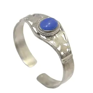 Rajasthan Gems Bangle Bracelet Kada 925 Sterling Silver Lapis Lazuli Stone Engraved Women C203