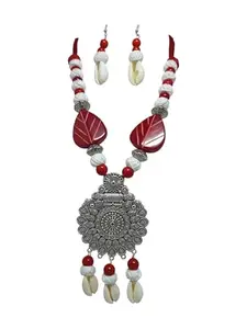 Eco-Friendly Handmade Necklace Set | Tribal Silver Pendant with Cowrie Shells | Red & White Traditional Jewellery