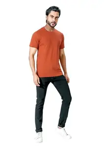 FABLEAT Solid Men's Round Neck 100% Cotton Half Sleeve T-Shirts (Medium, Brown)