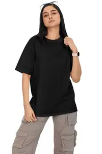 Oversized Cotton T-Shirt, Drop Shoulder, Casual Fit Tee for Women (in, Alpha, M, Black)