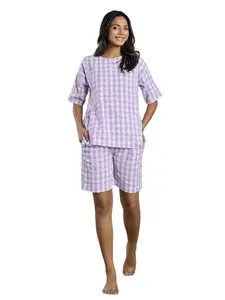 SAY Night Suit for Womens Cotton Top and Shorts Lounge Night Suit Set Wear Night Dress for Women - Lavender
