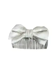Elegant Bridal Hair Comb with White Satin Bow and Crystal Accent, Silver (Set of 3)