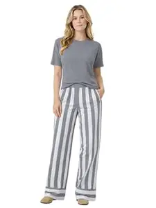 Celary Women’s Cotton Blend Lounge Set | Half Sleeve Relaxed Fit Top with Striped Wide Leg Pants |Also Available in Plus Size | Soft & Breathable Night Suit | Elastic Waist Pajama Set for Women