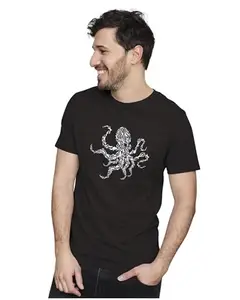 ALLEN BLACK Men's & Women's Regular Fit 100% Cotton T-Shirt (OCTOPUS05-Black 2XL Men Round_)