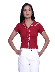 JUHRAF Women's Ribbed Picko Top - Stylish & Comfortable Half Sleeves T-Shirt (L, Maroon)